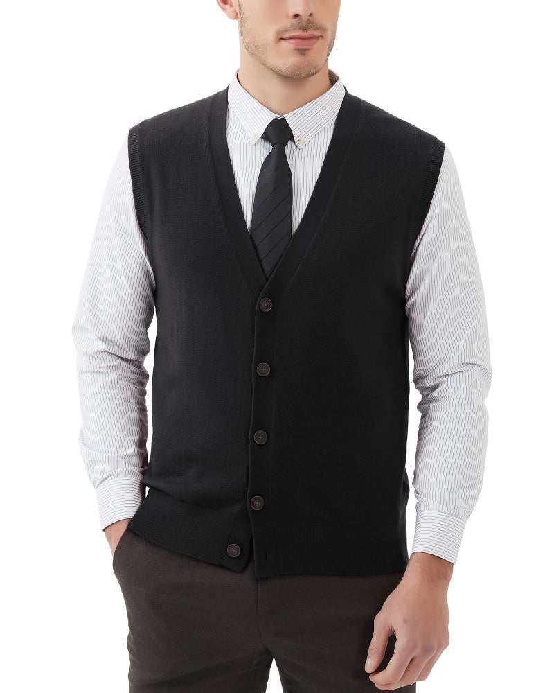 Kallspin Men's Sweater Vest Wool Blend V-Neck Button Sleeveless Cardigan Vest Sweater (Black, Medium) - Image 1
